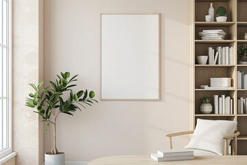 Minimalist home office interior with blank canvas frame mockup on the wall