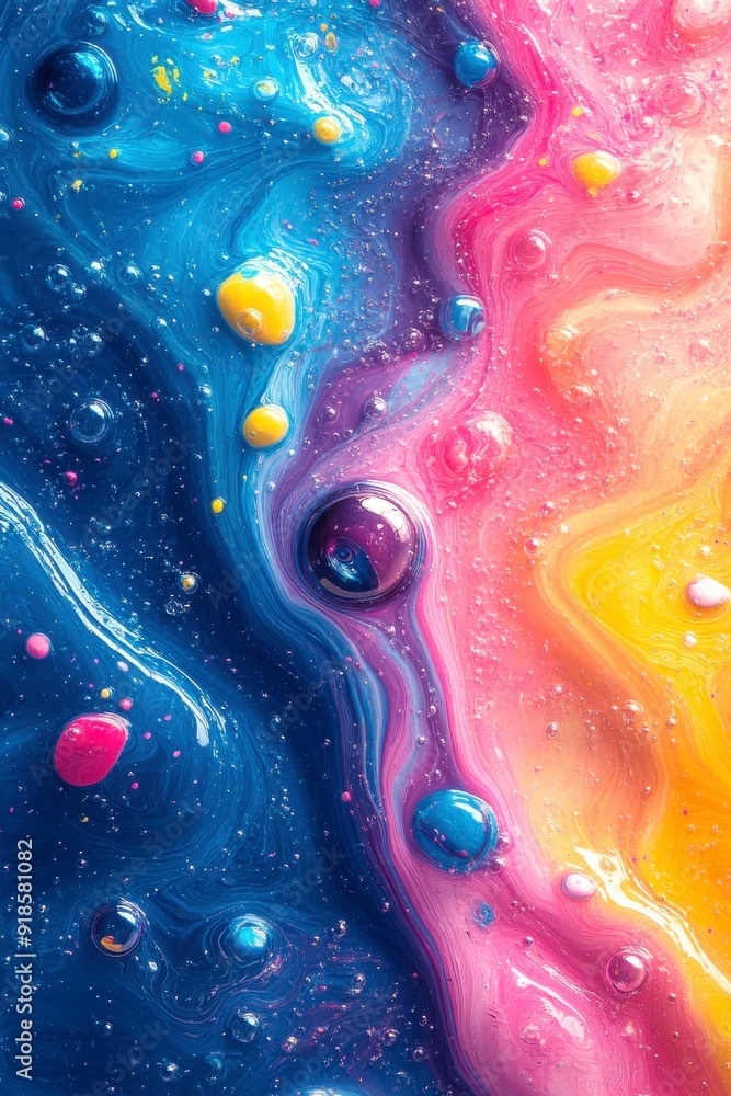 Poster abstract colorful background with flowing paint and bubbles.