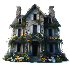 A spooky haunted house decorated with natural flowers isolated on white background vector illustration 