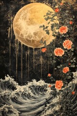 Obraz premium Golden moons, red roses and stars on a black or dark blue textured background. A postcard or wallpaper.