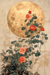 Naklejka premium Golden moons, red roses and stars on a black or dark blue textured background. A postcard or wallpaper.