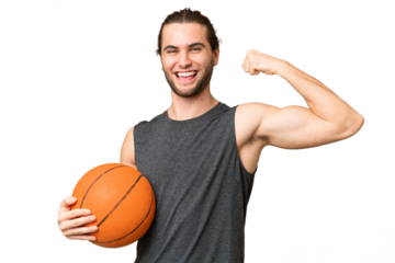 Young basketball player man over isolated background doing strong gesture