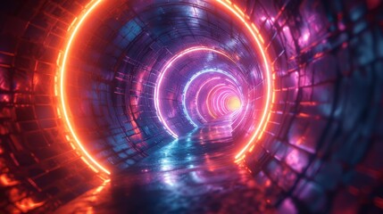 Futuristic neon tunnel with glowing rings - generative ai