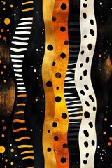 Obraz premium Tribal stripes pattern background showcasing alternating bands of stylized animal prints and abstract shapes in black, white, and gold, inspired by Aboriginal art.