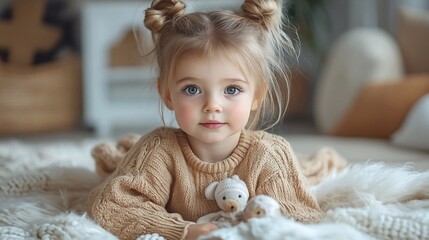 a 3 year old girl plays in a white living room