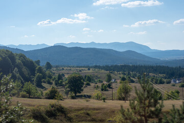 landscape of green field in the mountains on a sunny day