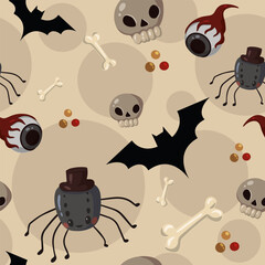 halloween pattern with cute pumpkin, skull, bat, spider