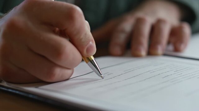 Businessman hands signing agreement at desk closeup. Man ceo writing signature