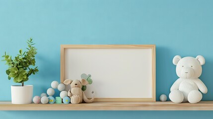   A  bear, potted plant, and picture frame sit on a nearby shelf alongside another potted plant