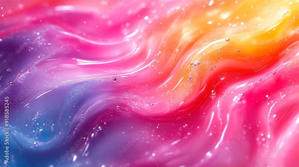 Poster abstract colorful background with flowing paint and bubbles.