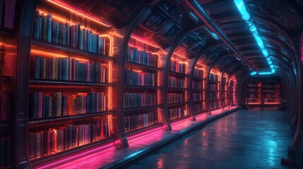 Futuristic library with neon lights - generative ai