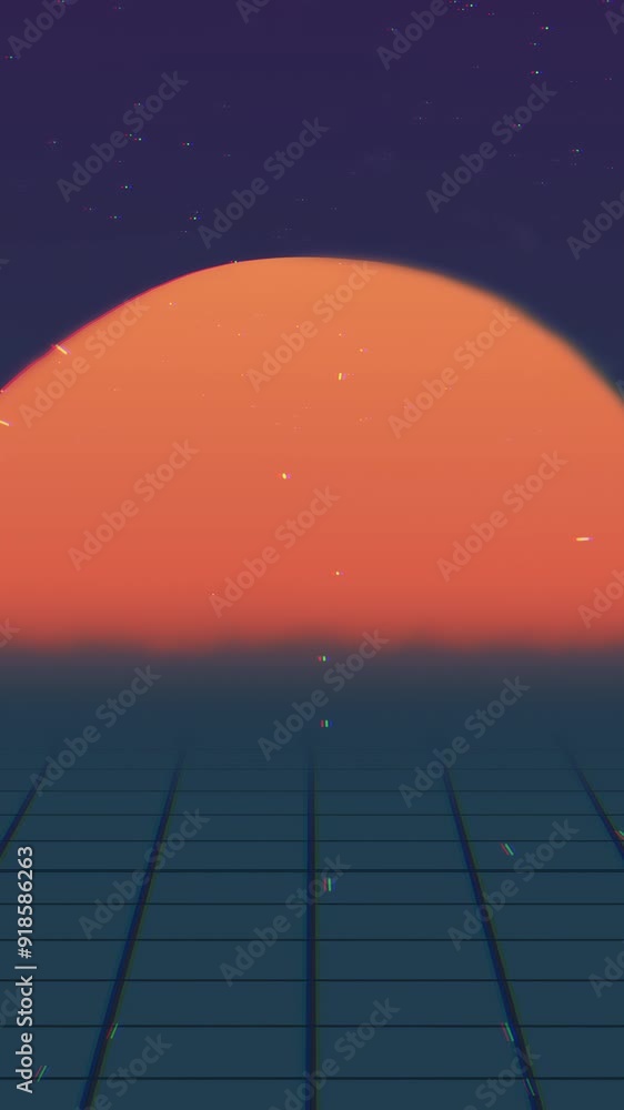 Poster retro futuristic intro landscape. flight over neon mesh with the setting sun and stars. concept of r