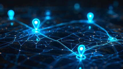 Digital GPS, neon map pin location.  Innovation navigation technology concept, network connection, information pointers