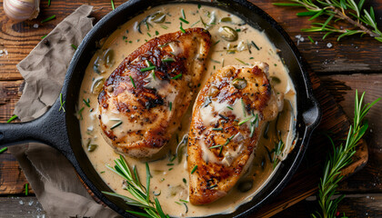 Cooked chicken breast seared in a cast iron skillet with creamy pan sauce