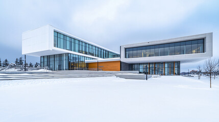 Fototapeta premium a college university campus exterior in winter, featuring a state-of-the-art building, snow-covered grounds and minimalist design elements