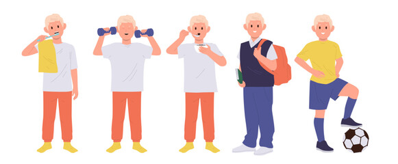 School boy cartoon character daily routine with hygiene, physical, education and hobby activity