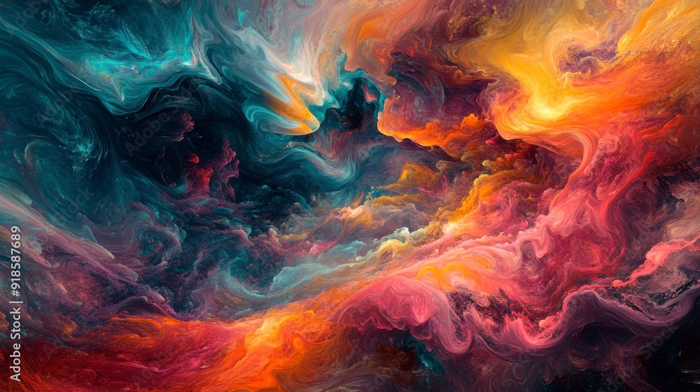 Poster abstract colorful background with flowing paint and bubbles.