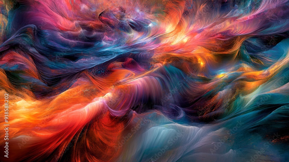 Poster abstract colorful background with flowing paint and bubbles.