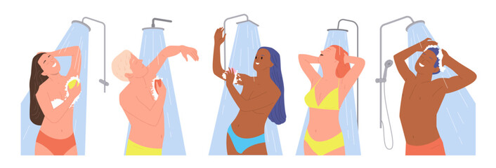 Diverse young people cartoon characters taking shower refreshing morning hygiene procedure set