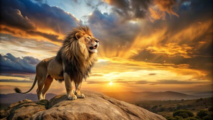A powerful lion roaring on the top of a rocky outcrop its mane flowing in the wind with a savannah sunset in the background.