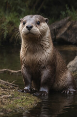 Fototapeta premium Playful Otter by the Riverbank