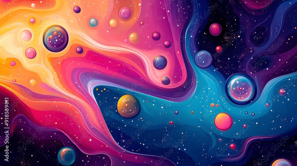 Poster abstract colorful background with flowing paint and bubbles.