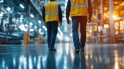 Two workers in high visibility vests walking through an industrial manufacturing facility with highly reflective floors and bright overhead lights. - Powered by Adobe