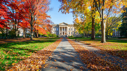 a prestigious classic American university campus in autumn, featuring a grand academic building surrounded by vibrant fall foliage, college entrance