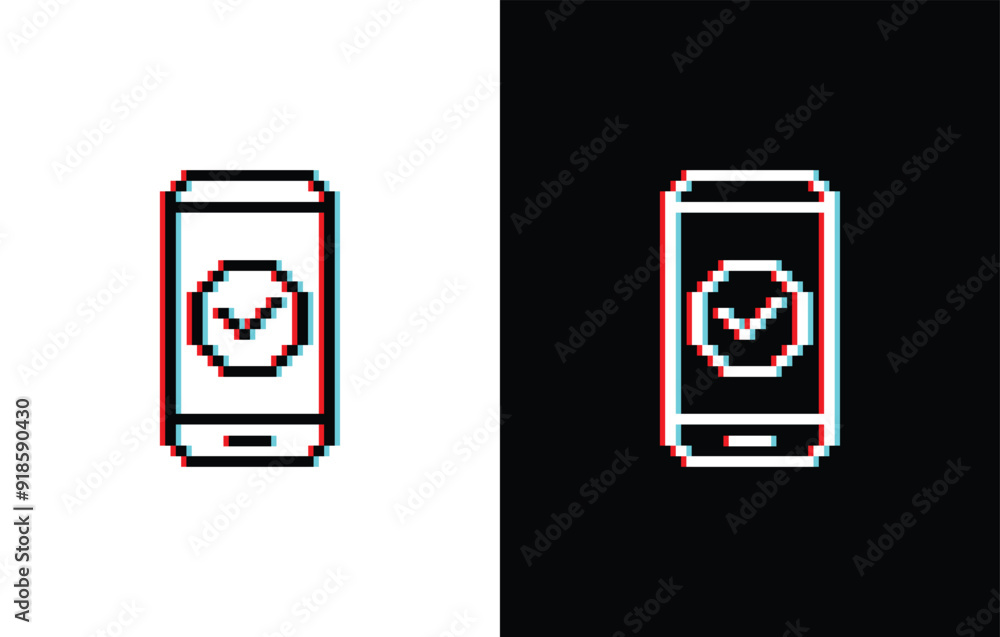 Poster glich effect pixel check mark and x mark icons. yes, no icon on smart phone sign for 8 bit game