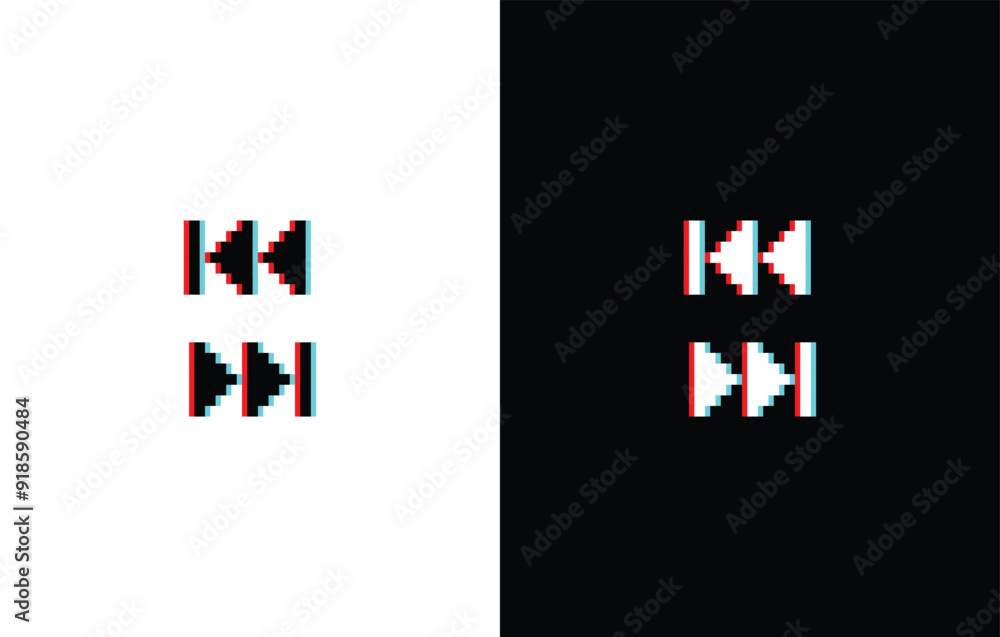 Poster glich effect pixel rewind and forward icon. vector pixel art 8 bit logo for game