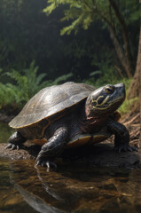 Obraz premium Turtle by the Water in Lush Greenery