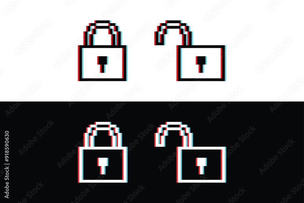Poster glich effect pixel lock unlock icon vector pixel art for 8 bit game