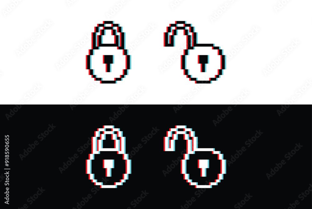 Poster glich effect pixel lock unlock icon vector pixel art for 8 bit game