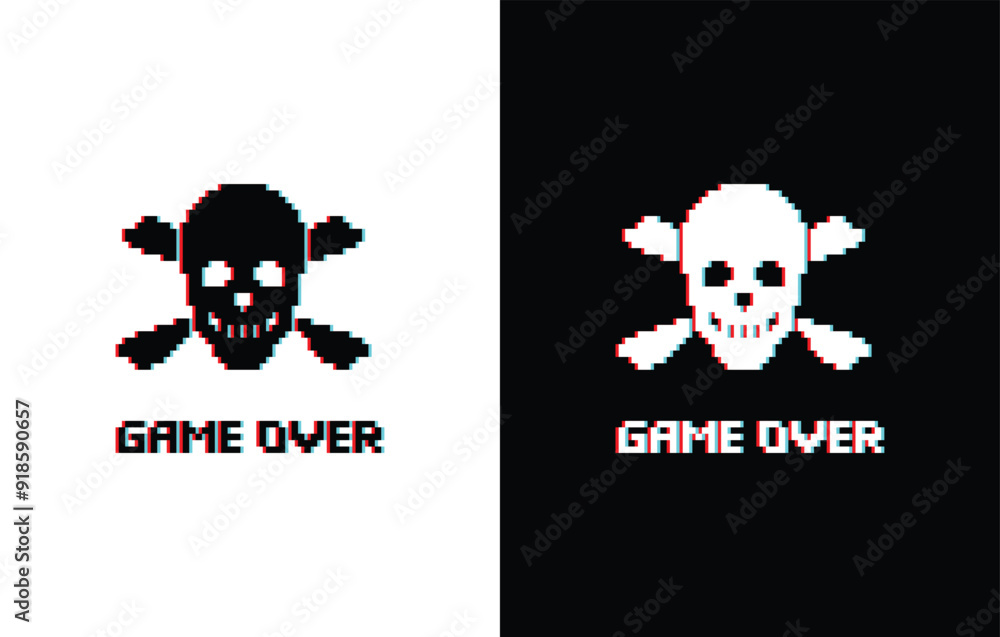 Poster glich effect game over with skull icon 8 bit, pixel pirate icon 8-bit for game logo.