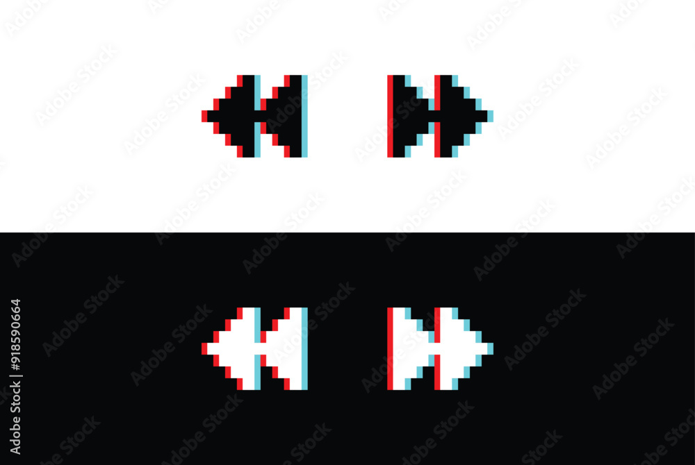 Poster glich effect pixel rewind and forward icon. vector pixel art 8 bit logo for game