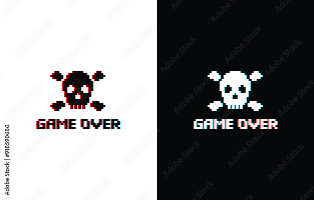Aufkleber glich effect game over with skull icon 8 bit, pixel pirate icon 8-bit for game logo.