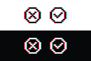 Obraz premium glich effect pixel check mark and X mark icons. yes, no icon