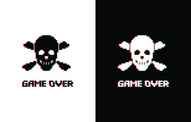 glich effect game over with Skull icon 8 bit, pixel pirate icon 8-bit for game logo.