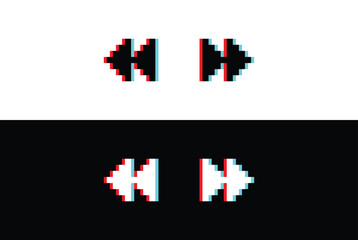 glich effect pixel Rewind and Forward icon. Vector pixel art 8 bit logo for game