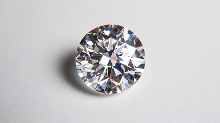   A close-up of a diamond on a white surface with reflection on both sides