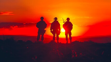 Fototapeta premium Three soldiers standing on a hilltop during a vibrant sunset. This image captures a powerful and dramatic scene. Perfect for military, warfare, and patriotism themes in stock photography. AI