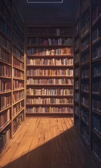 Obraz premium Serene Solitude: Anime-Style Illustration of an Empty, Well-Organized Library with Rows of Bookshelves and an Absence of Readers,Abstract concepts, game concept art, storybook illustrations