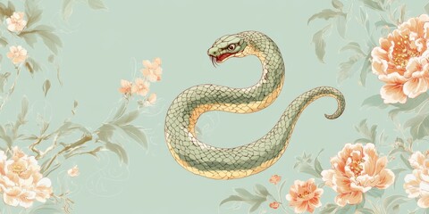 Obraz premium Ethereal Serpent: A Stylized Chinese Zodiac Illustration with a Snake Coiled on a Geometric Floral Pattern, Reflecting Traditional Chinese Elements on a Light Green Background