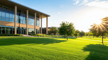 Obraz premium a university campus in summer season, showcasing a contemporary building, lush green surroundings, sleek modern college facility