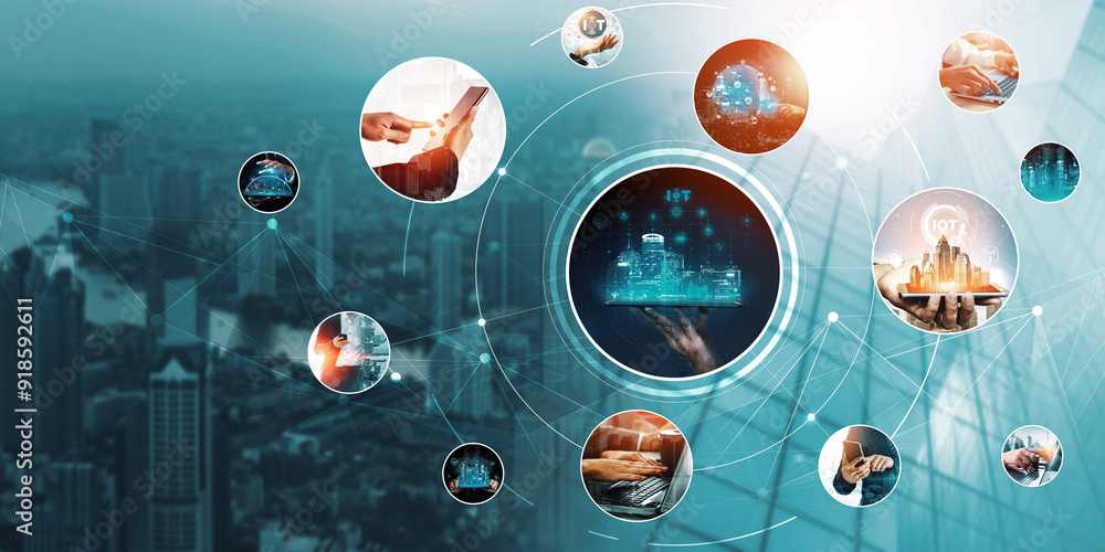Poster communication technology , smart connection iot and people network technology concept. people using 