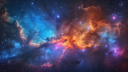 Fototapeta premium Colorful cosmic nebula fills the night sky with vibrant shades of blue, orange, and purple