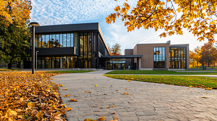 a university campus in autumn season, featuring a modern academic building, college facility