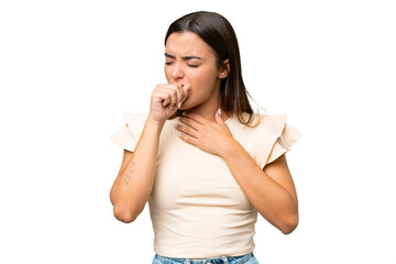 Young caucasian woman isolated on green chroma background coughing a lot