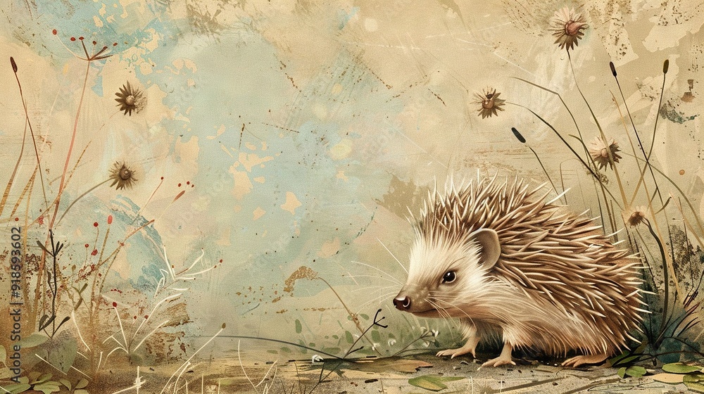 Sticker   A hedgehog perched on a patch of green amidst a canvas of cerulean skies