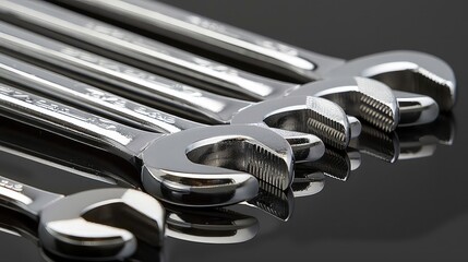 Fototapeta premium A group of shiny chrome wrenches on a black background.